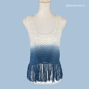 TORN BY RONNY KOBO Boho Blue Ombre Open Knit Tassel Fringe Tank Top - NWOT